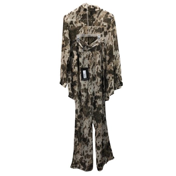 SOLD Pretty Little Thing Cow Print Beach Flare Pants And Shirt 90S Style Sheer - Picture 9 of 11